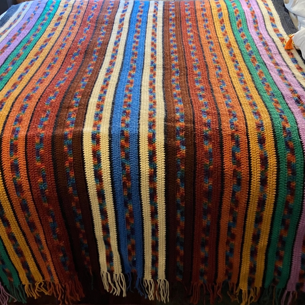 Vintage crochet handmade fringed afghan multicolor 1980’s or 1970’s Queen / King - Picture 1 of 7